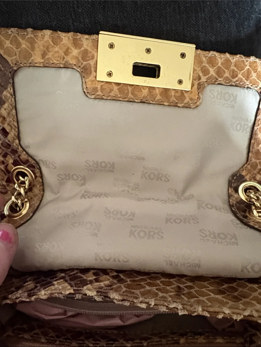 Michael Kors Tan Brown Snake-Print Chain Shoulder Bag